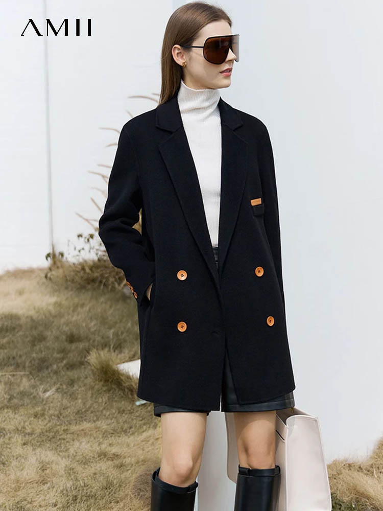 Wool Coat Peacoat - 여성을위한 AMII 미니멀리스트 모직 코트 2024