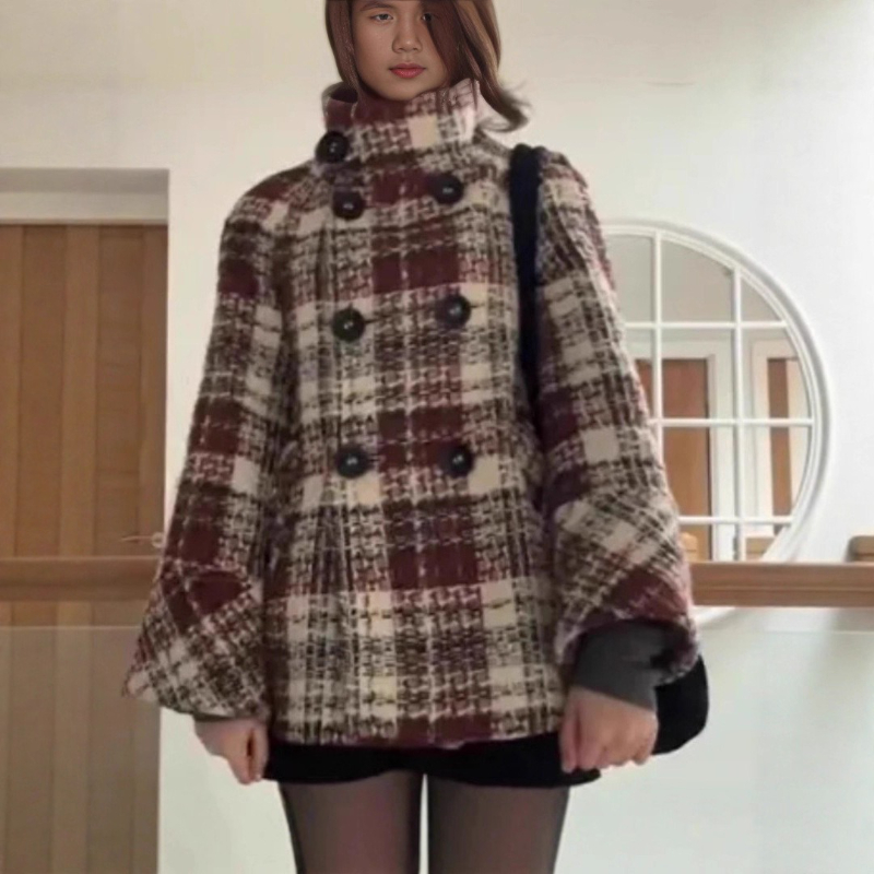 따뜻한 체크무늬 터틀넥 숄더 스트레이트 코트 여성 더블 - Wool Coat Peacoat 리뷰 및 가격