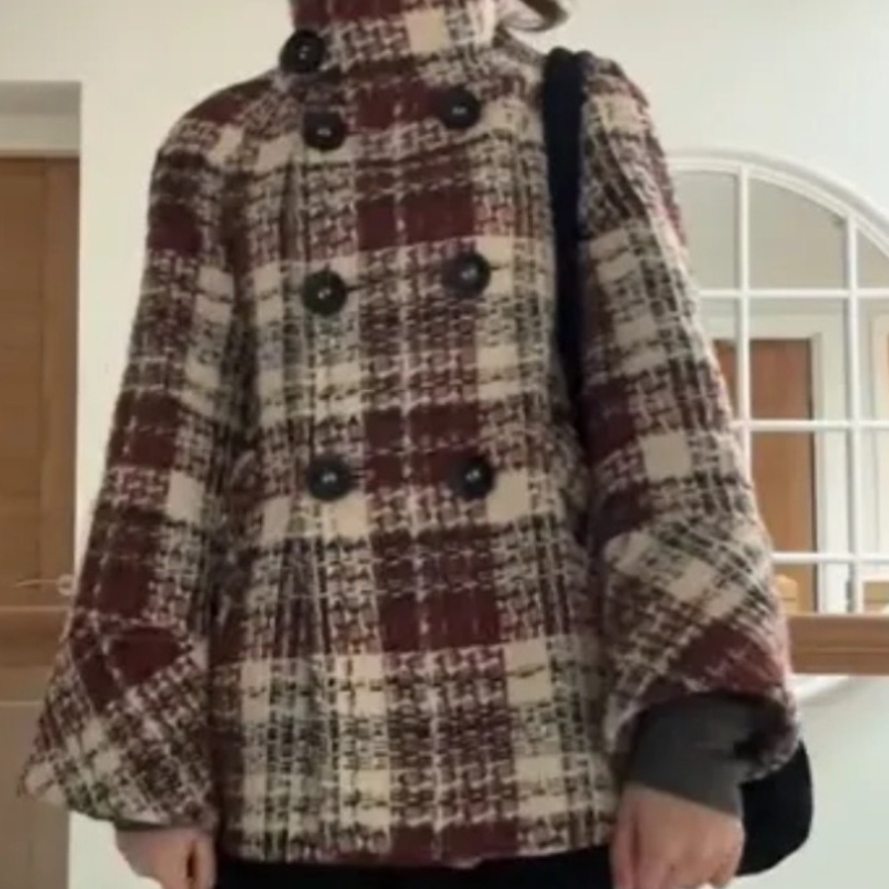 따뜻한 체크무늬 터틀넥 숄더 스트레이트 코트 여성 더블 - Wool Coat Peacoat 리뷰 및 가격
